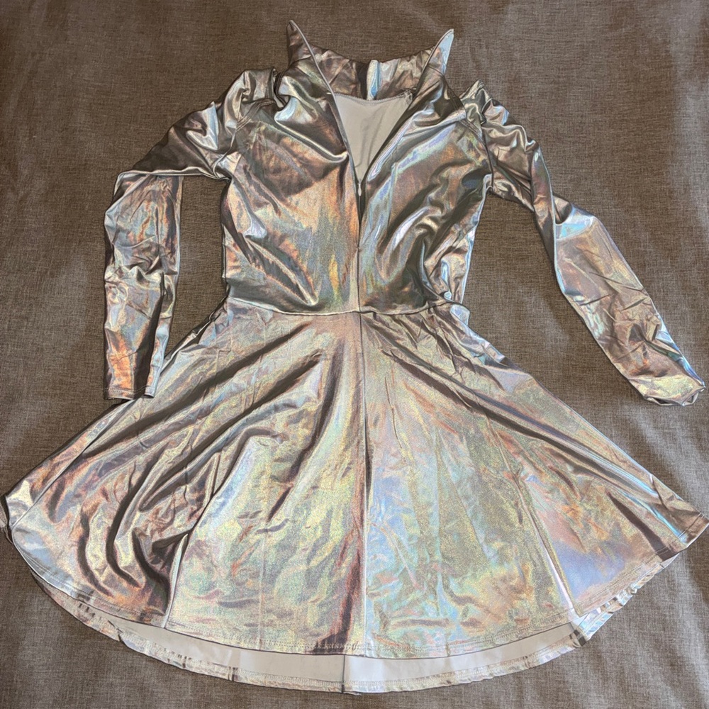 Alien Silver Party Dress - Shimmery Long Sleeve Dress